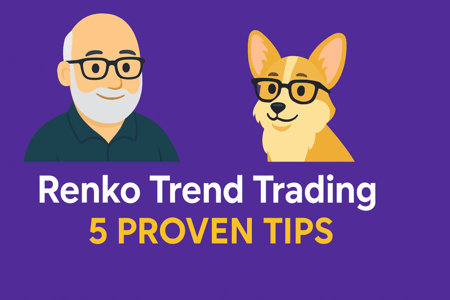 Renko trend trading featured image showing Carl’s bald avatar and Bax the corgi with text: Renko Trend Trading – 5 Proven Tips