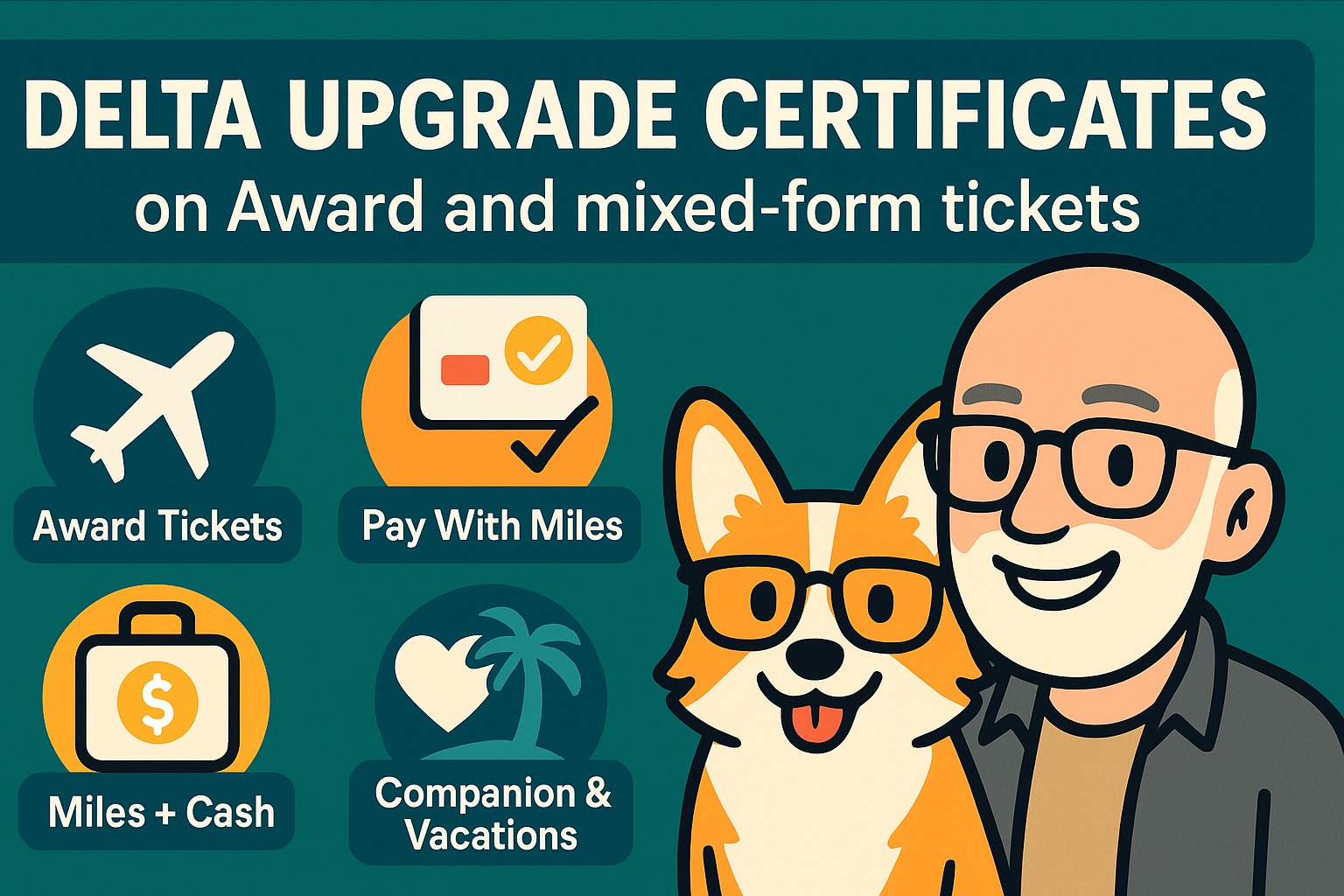 Infographic showing Delta Upgrade Certificates Award Tickets, Pay With Miles, Miles + Cash, and Companion & Vacations, with cartoon Carl and Bax the corgi.