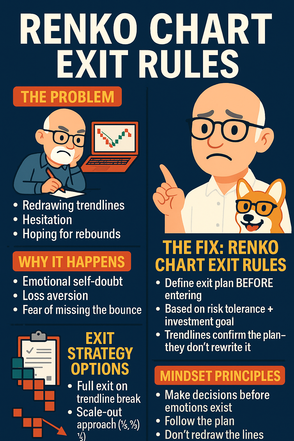 Infographic explaining renko chart exit rules, showing trading problems from redrawing trendlines and hesitation, plus clear sections on why it happens, how to create renko chart exit rules, exit strategy options, and mindset principles, illustrated with a cartoon trader and his corgi.