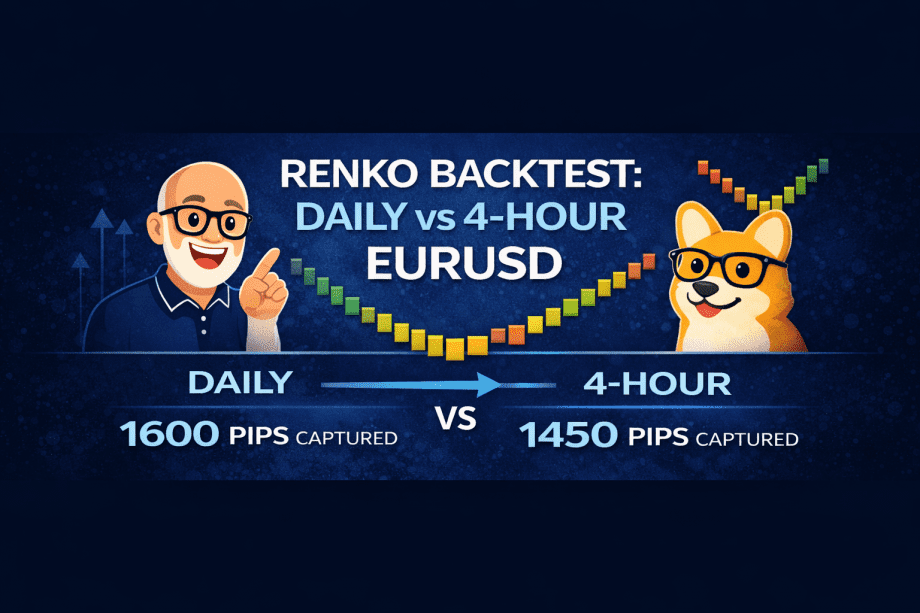 Renko backtest comparison showing daily vs 4-hour EURUSD timeframe behavior, drawdowns, and risk profile differences
