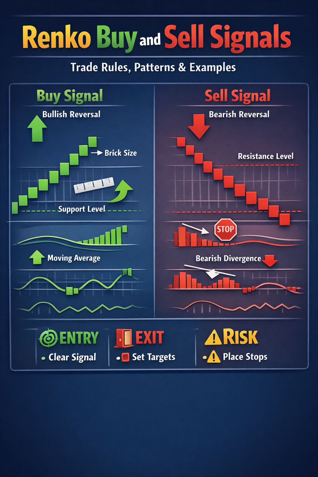 Renko buy and sell signals infographic showing entry and exit trade rules with Renko bricks, support and resistance levels, brick size, confirmations (moving average, MACD/RSI), and stop placement.