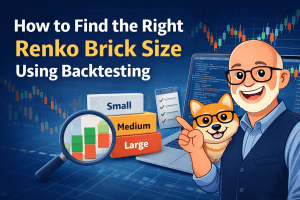 Renko Brick Size Backtesting in TradingView (Pine Script Process) 3 Renko brick size backtesting featured image with cartoon trader and Bax showing brick size testing using TradingView and Pine Script