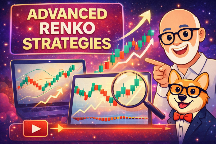 Advanced Renko Chart strategies featured image with Carl avatar and Bax the corgi highlighting Renko price action on a trading screen