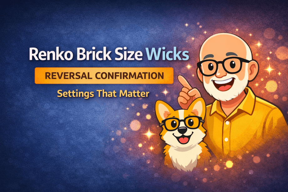 A digital banner featuring a cartoon Carl and Bax the corgi on a dark gradient background, highlighting the focus keyword "Renko brick size wicks reversal confirmation" for educational trading content.