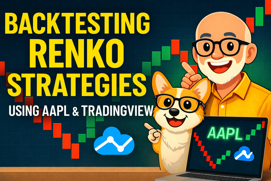 A Pembroke Welsh Corgi wearing glasses and myself are beside a laptop displaying green and red Renko bricks and the AAPL ticker, with bold text reading ‘Backtesting Renko Chart Strategies Using AAPL & TradingView’ and a Renko chart background.