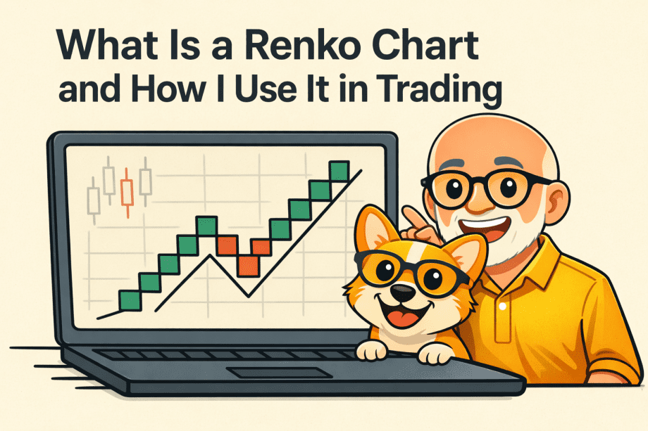 An illustrated laptop screen displaying a Renko chart with red and green bricks, accompanied by a smiling Bax wearing glasses and myself. The title above reads 'What Is a Renko Chart and How I Use It in Trading.