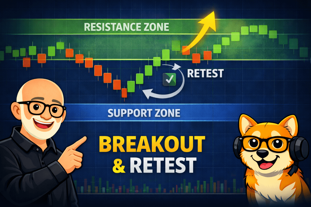 Renko support and resistance breakout and retest example showing price breaking resistance and retesting the zone before continuing higher