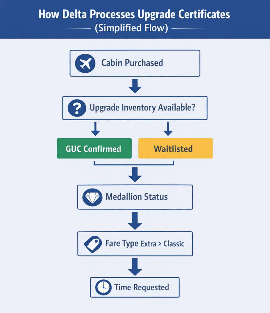 How Delta Global Upgrade Certificates clear including upgrade inventory, waitlist, Medallion status, fare type priority, and request timing