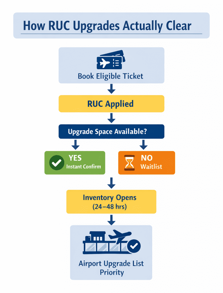 Delta Regional Upgrade Certificates (RUCs): How They Work, Rules, and Best-Use Strategies 4 Flowchart explaining how Delta Regional Upgrade Certificates clear, including instant confirmation, waitlist processing, and airport upgrade priority