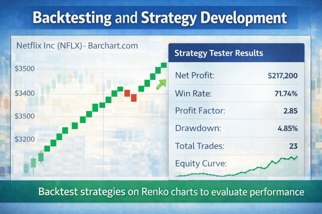 Renko Charts Resource Hub (Start Here) 6 Renko charts guide example showing backtesting results and strategy performance evaluation using Renko chart signals