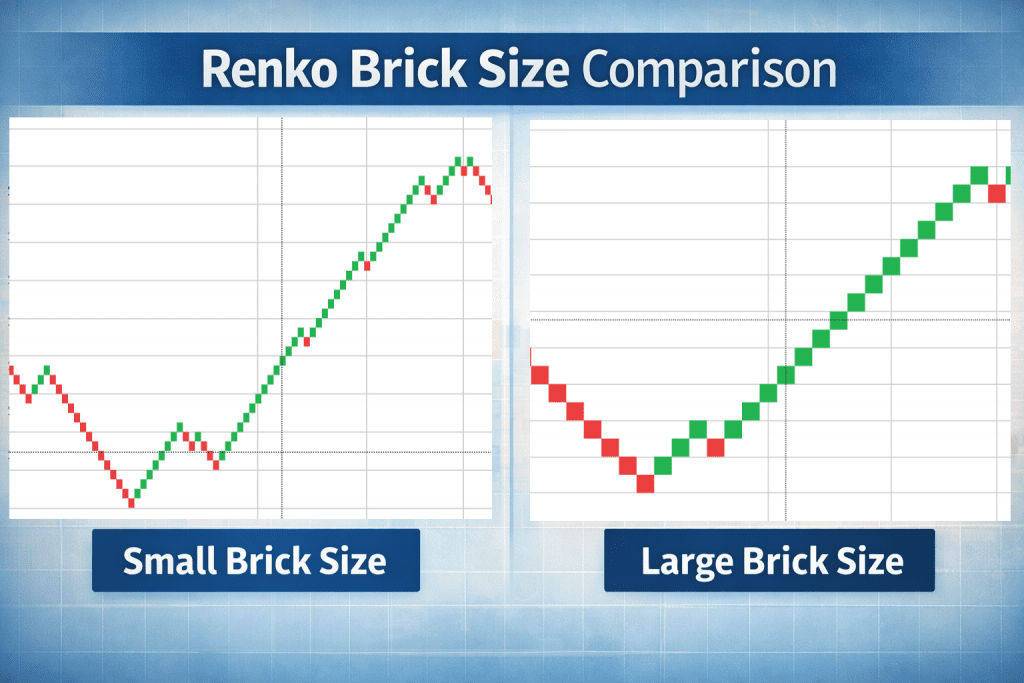 Renko Charts Resource Hub (Start Here) 3 Renko charts guide example showing how different Renko brick sizes change trend signals and chart sensitivity