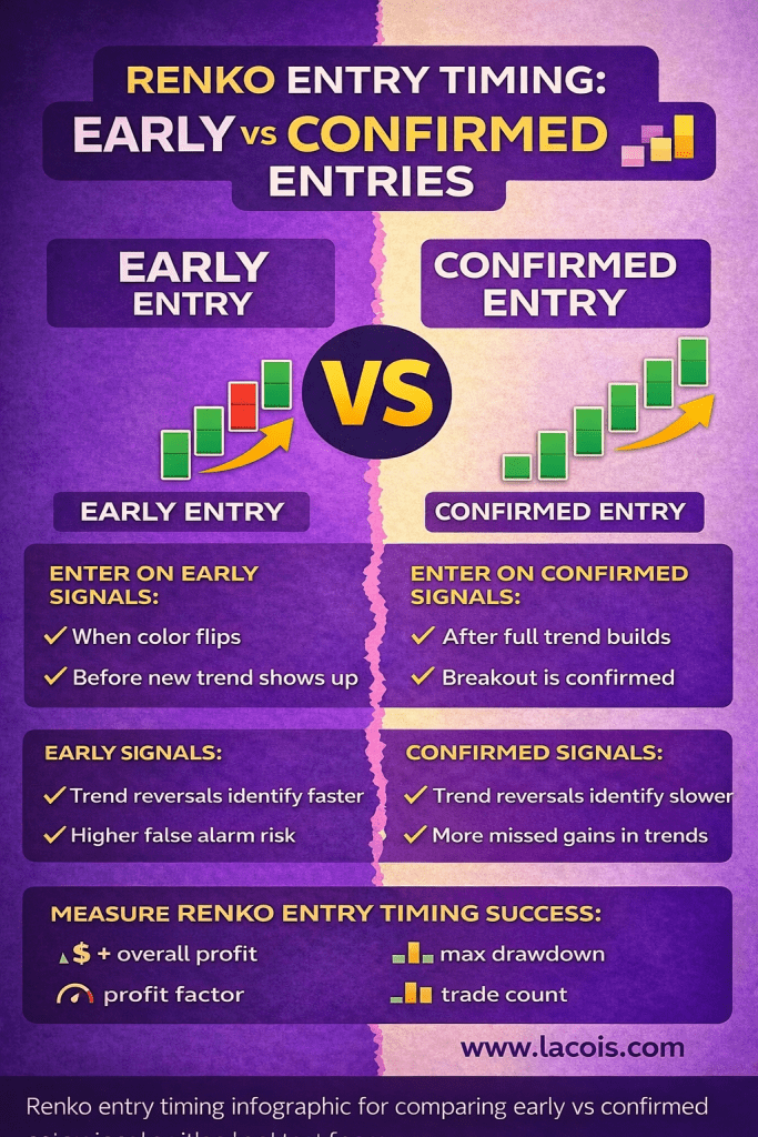 Renko entry timing infographic comparing early entry vs confirmed entry signals on Renko charts