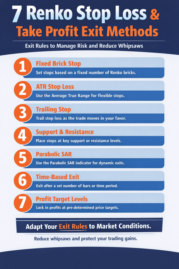 Renko Stop Loss and Take Profit: 7 Exit Methods That Reduce Whipsaws 2 Renko stop loss and take profit infographic showing 7 exit methods to reduce whipsaws