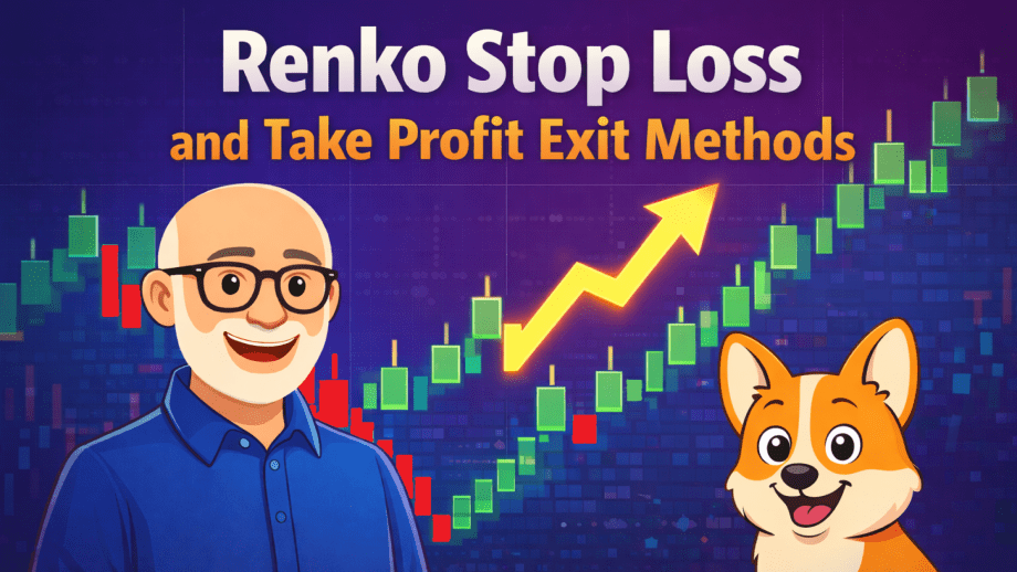 Renko stop loss and take profit featured image showing green Renko bricks, exit methods, Carl’s avatar, and Bax the corgi