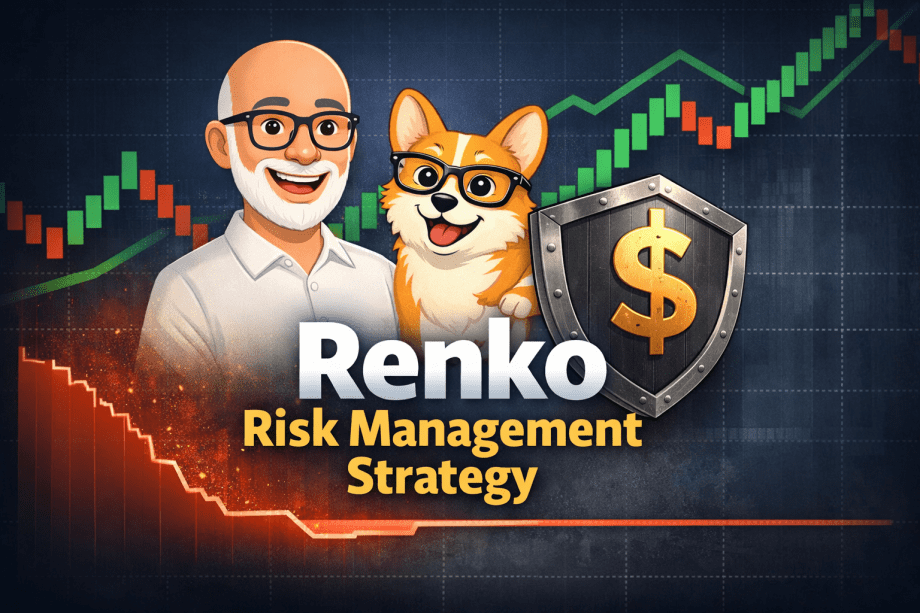 Renko risk management strategy with Carl avatar and Bax corgi showing trend, drawdown, and capital protection concept