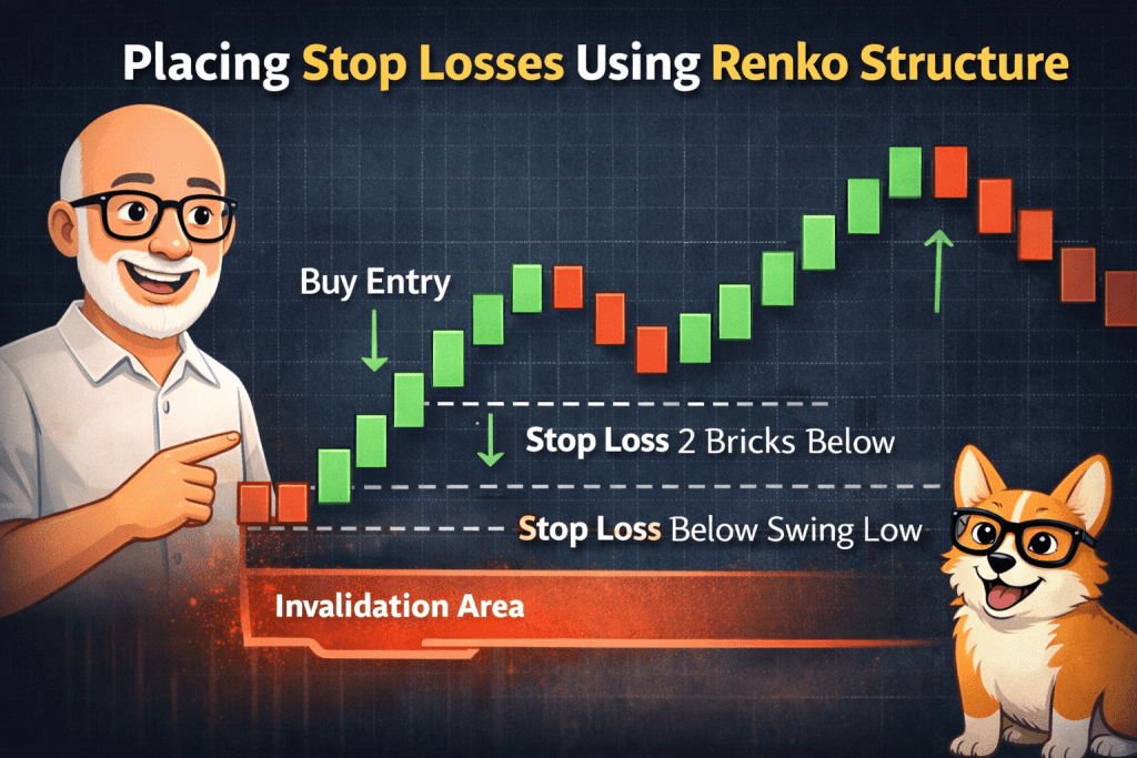 Renko stop loss placement example showing buy entry, stop loss below swing low, and invalidation area using Renko chart structure
