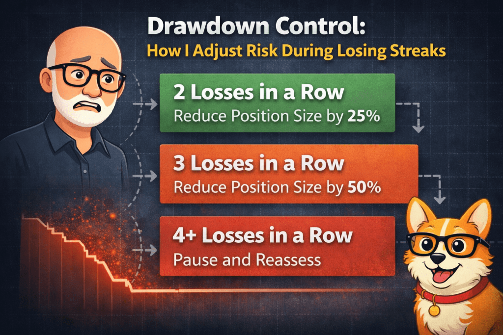 Renko drawdown control infographic showing how to reduce position size after 2 or 3 losses and pause trading after 4 losses