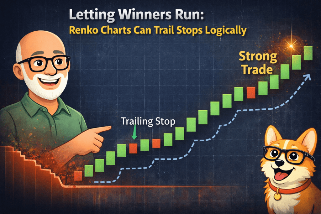 Renko trailing stop example showing strong trend, letting winners run, and step-by-step trailing stop movement