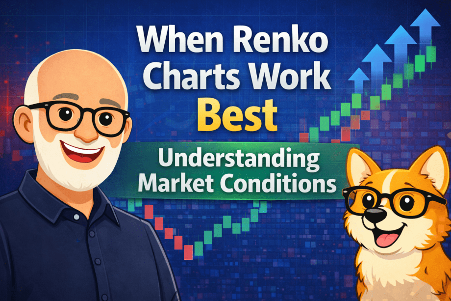 when renko charts work best illustrated with market conditions guide featuring trader avatar and corgi alongside renko chart trends