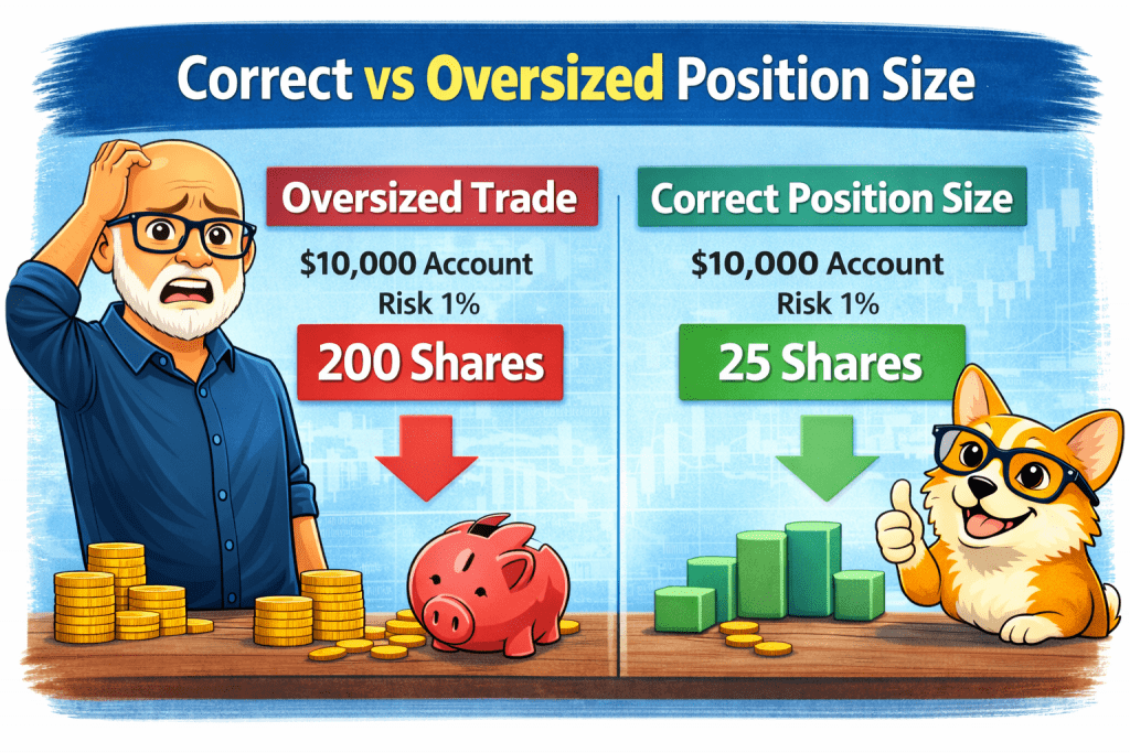 Comparison of correct versus oversized position size in trading risk management