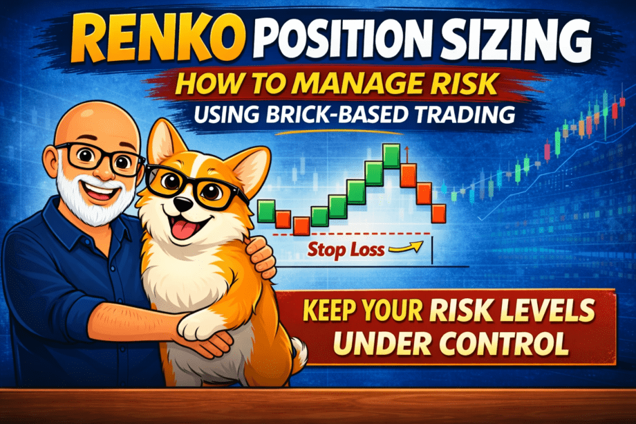 Renko position sizing diagram showing brick size, stop loss distance, and risk per trade calculation