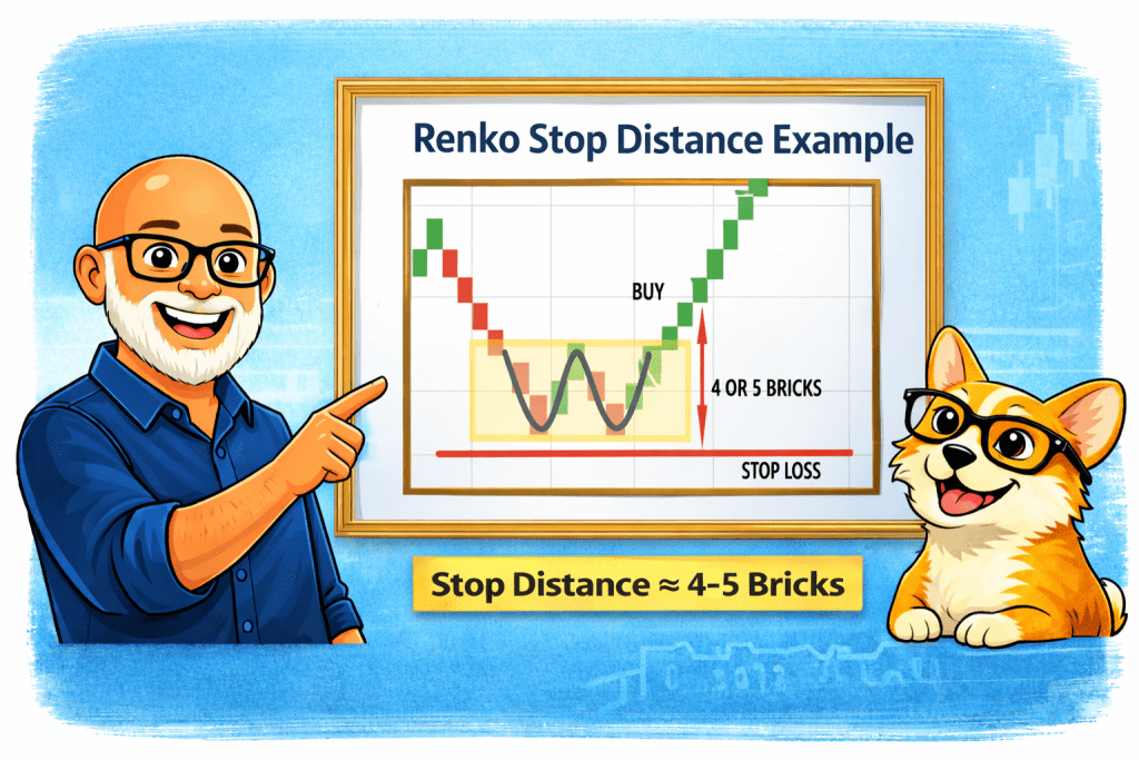 Renko chart stop loss example showing stop distance of four to five bricks