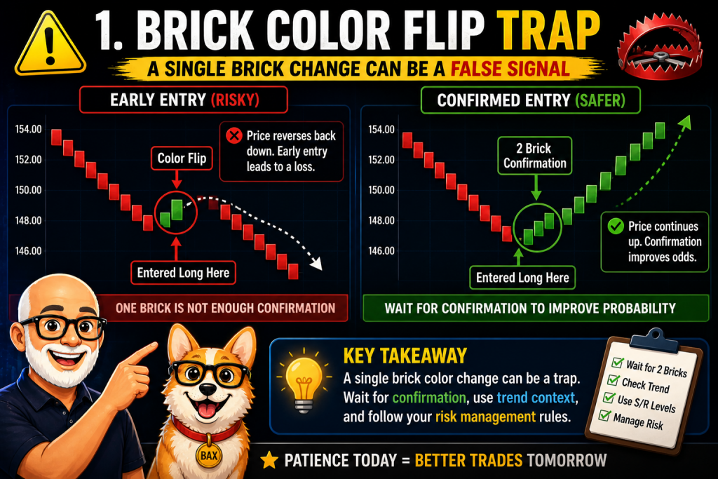 Renko chart false signal from a single brick color change compared to confirmed entry with two brick confirmation