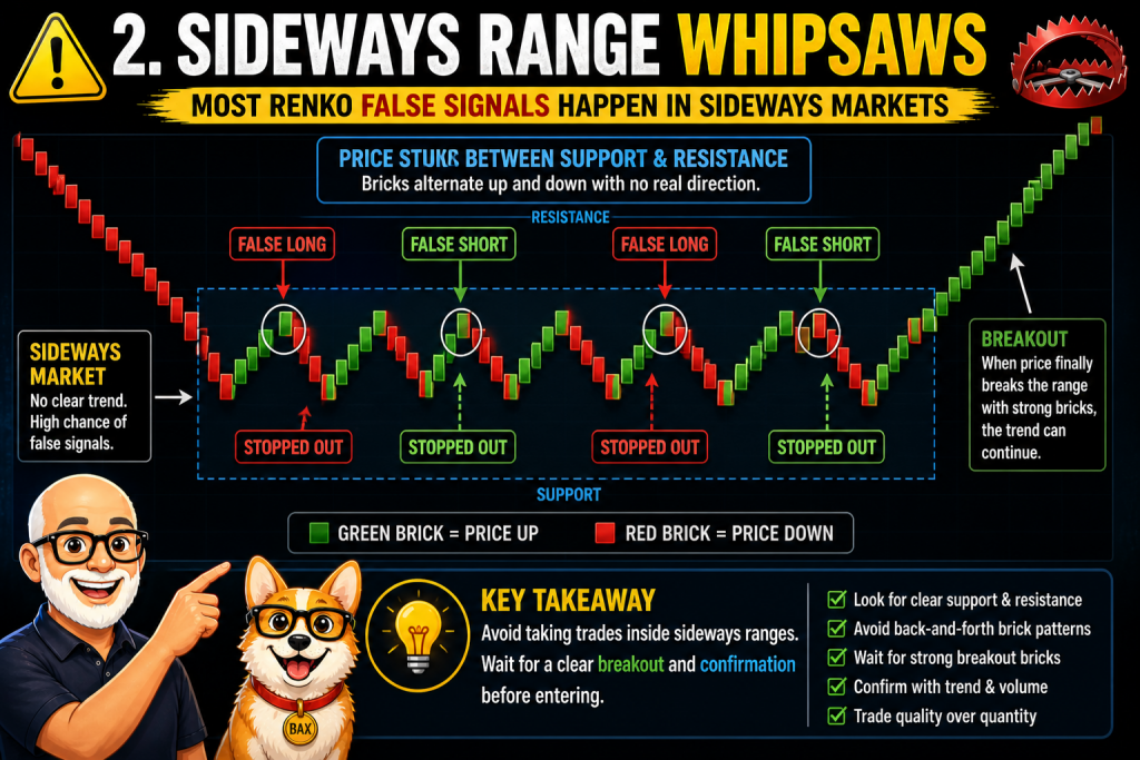Renko chart false signals in a sideways market showing whipsaws between support and resistance