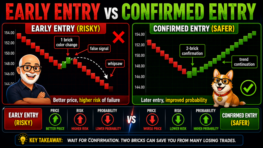 Renko chart false signals comparison of early entry versus confirmed entry with two brick confirmation
