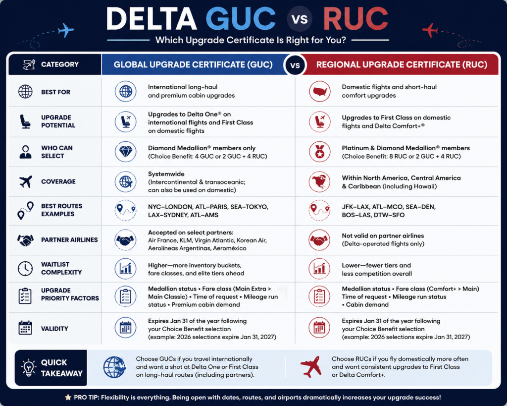 Delta Global Upgrade Certificates (2026 Guide): Rules, Partners & How Upgrades Clear 4 Infographic comparing Delta Global Upgrade Certificates and Regional Upgrade Certificates, including best uses, upgrade potential, eligibility, route coverage, partner airlines, waitlist complexity, priority factors, and expiration dates.