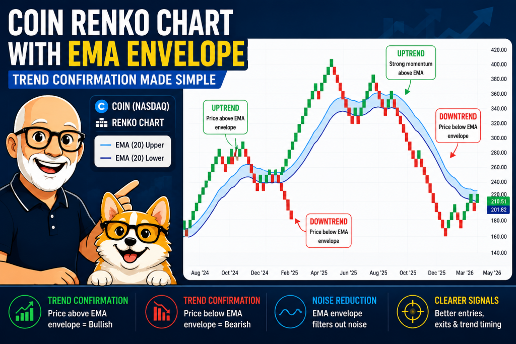 Video: How to Use Moving Averages with Renko Charts 2 Coinbase Renko chart with EMA envelope and cartoon avatars of Carl and Bax showing how moving averages help confirm trends, reduce market noise, and improve Renko chart trading signals.