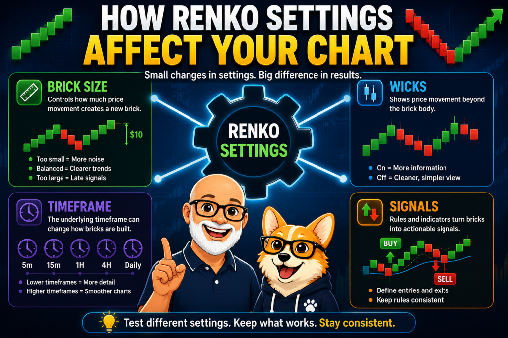 Best Renko Chart Settings for TradingView: A Practical Setup Guide 2 Infographic showing how Renko chart settings affect trading charts with Carl and Bax, including brick size, wicks, timeframe, and signal settings.