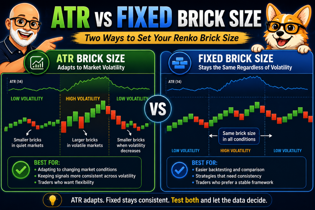 Best Renko Chart Settings for TradingView: A Practical Setup Guide 3 ATR versus fixed Renko brick size infographic showing Carl and Bax comparing adaptive ATR brick sizing with consistent fixed brick sizing for TradingView strategy testing.