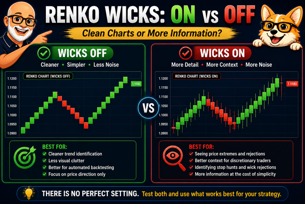 Best Renko Chart Settings for TradingView: A Practical Setup Guide 5 Renko chart comparison with wicks enabled and disabled showing Carl and Bax, illustrating cleaner charts with wicks off versus additional price detail with wicks on.