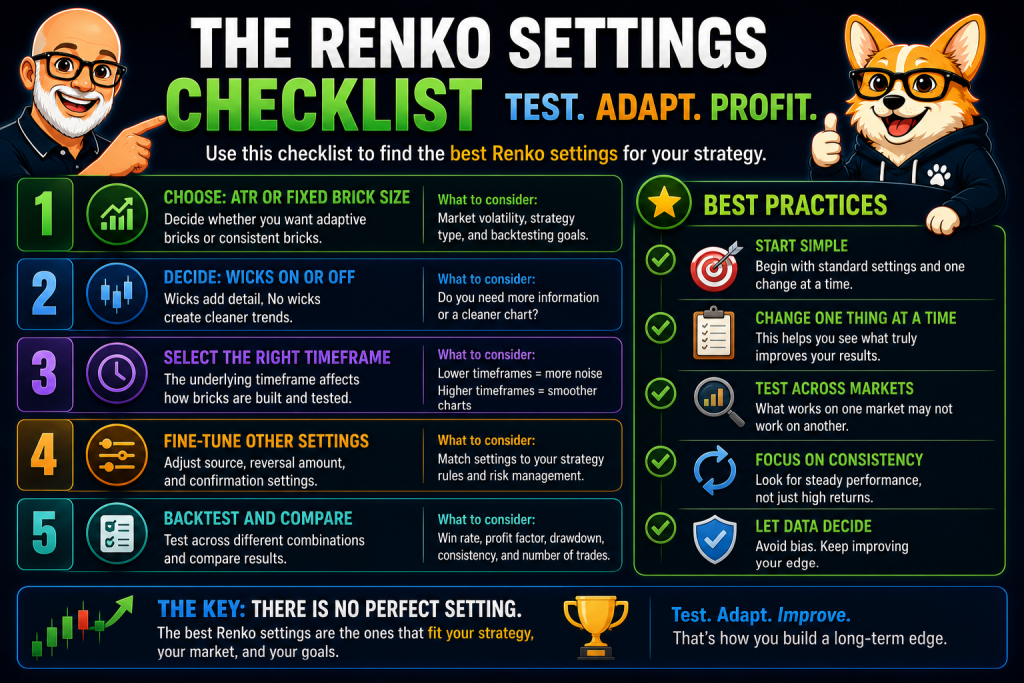 Best Renko Chart Settings for TradingView: A Practical Setup Guide 6 Renko settings checklist infographic featuring Carl and Bax with step-by-step setup guidance including ATR or fixed brick size, wick settings, timeframe selection, backtesting, and best practices.