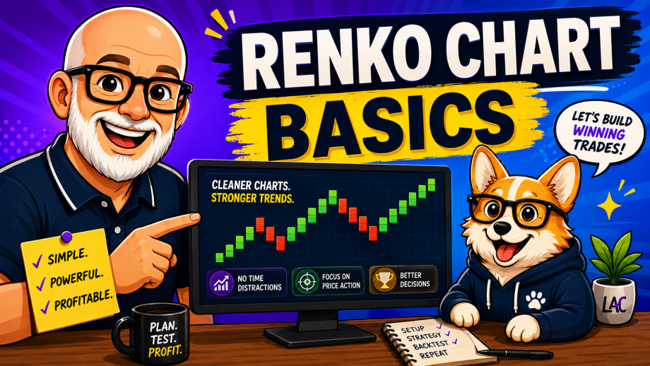Renko Chart Basics featured image showing Carl and Bax beside a Renko trading chart with colorful trend bricks, educational trading notes, and beginner-friendly Renko concepts.
