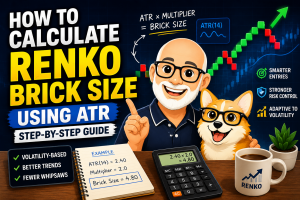 Cartoon-style thumbnail showing Carl and Bax the corgi with a Renko chart, ATR formula, calculator, and green/red Renko bricks illustrating how to calculate ATR-based Renko brick size for TradingView trend analysis.