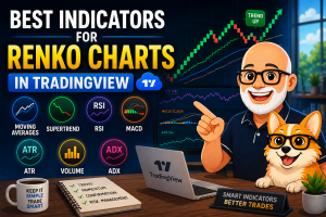 Cartoon illustration of Carl and Bax the corgi reviewing the best indicators for Renko charts in TradingView, including RSI, MACD, ATR, Supertrend, moving averages, and ADX alongside a bullish Renko chart.