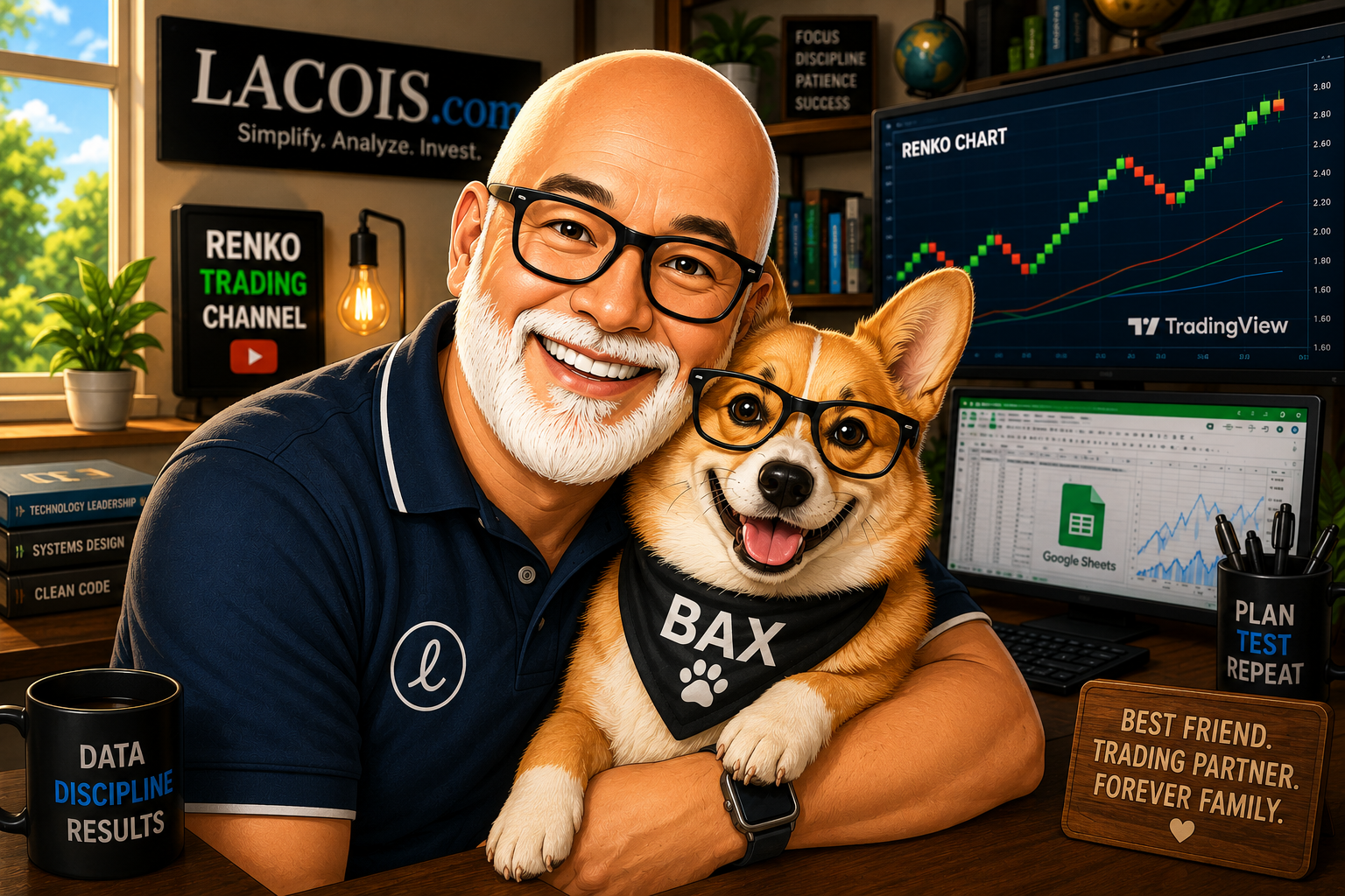 About Carl: Investor, Educator, and Technology Professional 1 About Carl and Bax the corgi in Carl's home office with Renko charts, TradingView, and Google Sheets