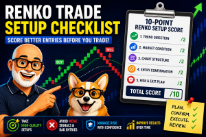 Renko Trade Setup Checklist featured image showing Carl's avatar and Bax the corgi reviewing a 10-point Renko setup scorecard. The graphic highlights trend direction, market conditions, chart structure, entry confirmation, and risk management alongside a Renko chart with buy and sell signals.
