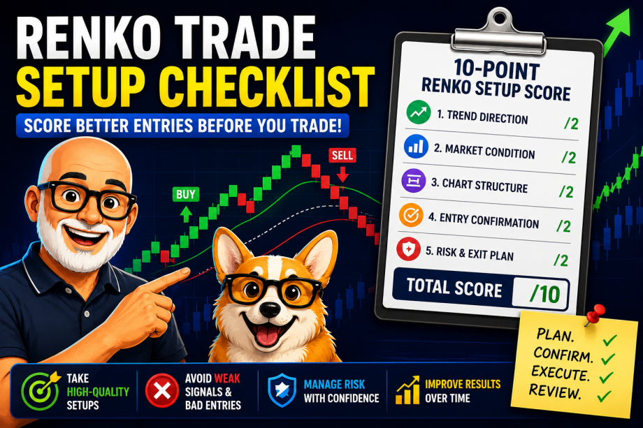 Renko Trade Setup Checklist featured image showing Carl's avatar and Bax the corgi reviewing a 10-point Renko setup scorecard. The graphic highlights trend direction, market conditions, chart structure, entry confirmation, and risk management alongside a Renko chart with buy and sell signals.