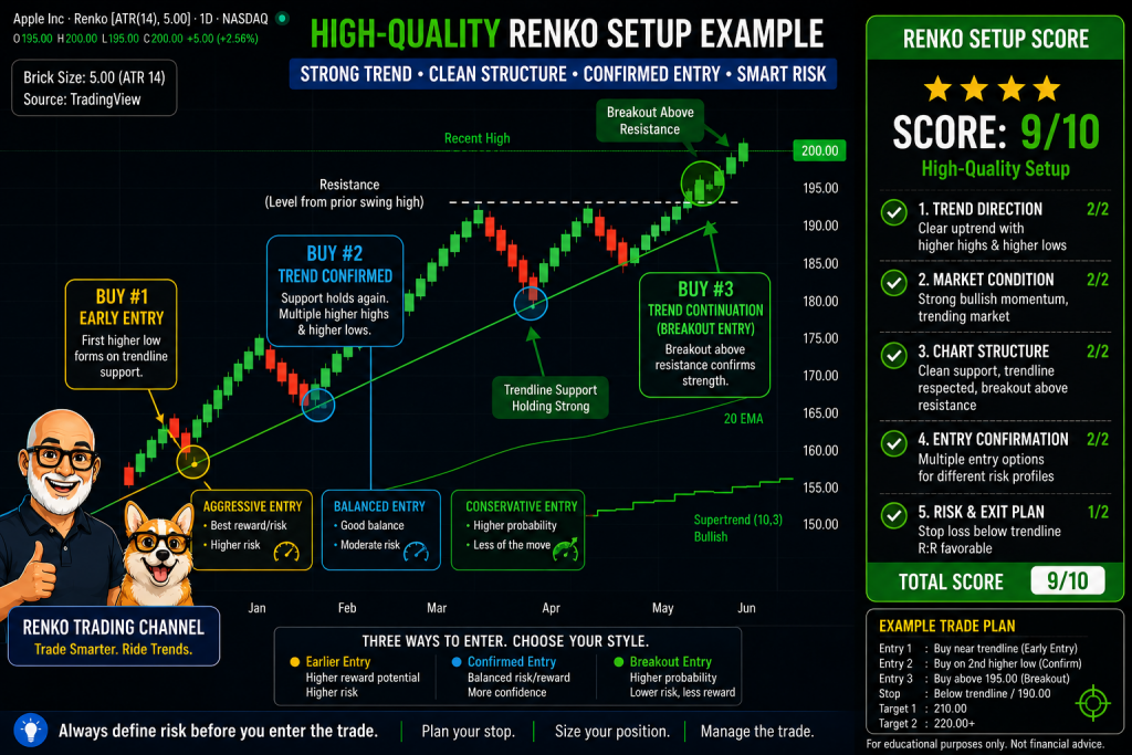 Renko Trade Setup Checklist: Score Better Entries Before You Trade 3 High-quality Renko trade setup scoring 9 out of 10 based on trend, confirmation, structure, and risk management.