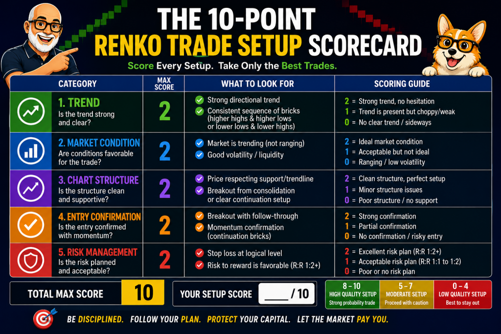 Renko Trade Setup Checklist: Score Better Entries Before You Trade 2 Renko Trade Setup Scorecard showing a 10-point checklist for evaluating trend direction, market conditions, chart structure, entry confirmation, and risk management before entering a trade.