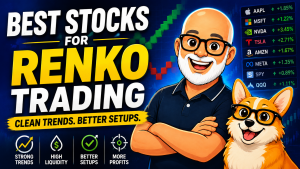 Best Stocks for Renko Trading: How to Find Clean Trends and Better Setups 2 Cartoon illustration of Carl and Bax the corgi with stock tickers including AAPL, MSFT, NVDA, TSLA, AMZN, META, SPY, and QQQ, highlighting the best stocks for Renko trading and identifying clean trends and trading setups.