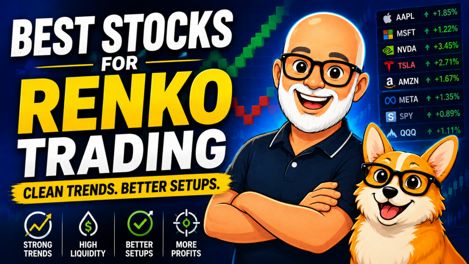 Cartoon illustration of Carl and Bax the corgi with stock tickers including AAPL, MSFT, NVDA, TSLA, AMZN, META, SPY, and QQQ, highlighting the best stocks for Renko trading and identifying clean trends and trading setups.