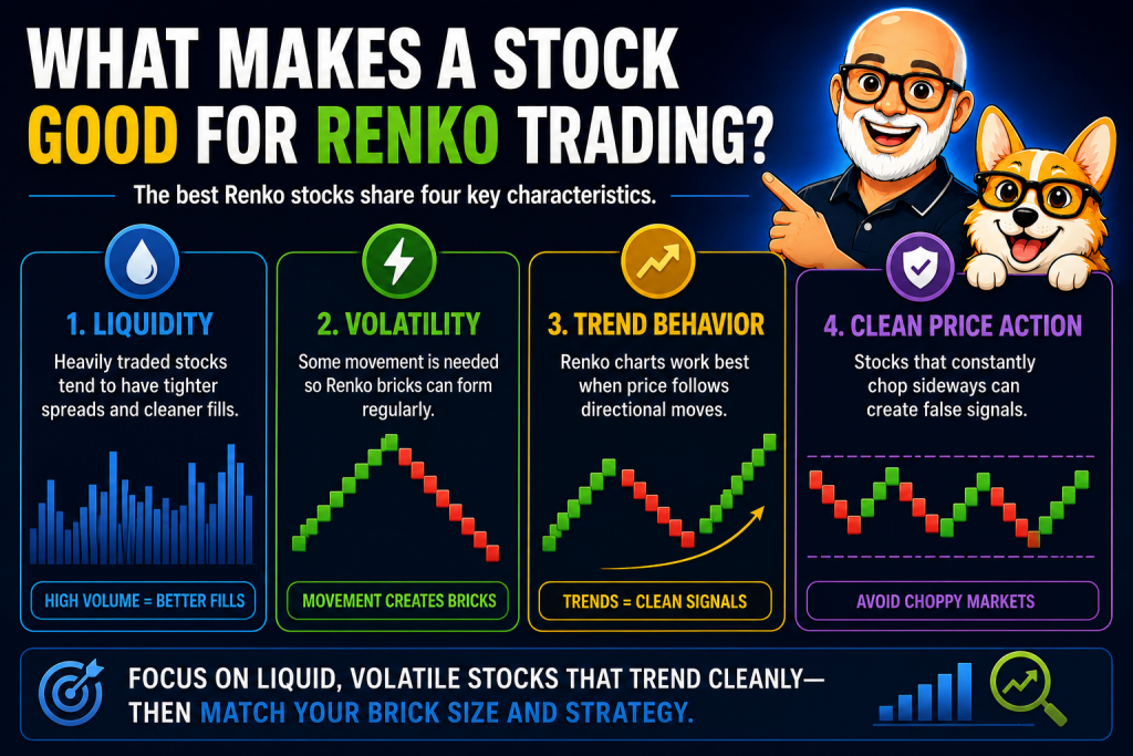Best Stocks for Renko Trading: How to Find Clean Trends and Better Setups 2 Infographic explaining what makes a stock good for Renko trading, including liquidity, volatility, trend behavior, and clean price action.
