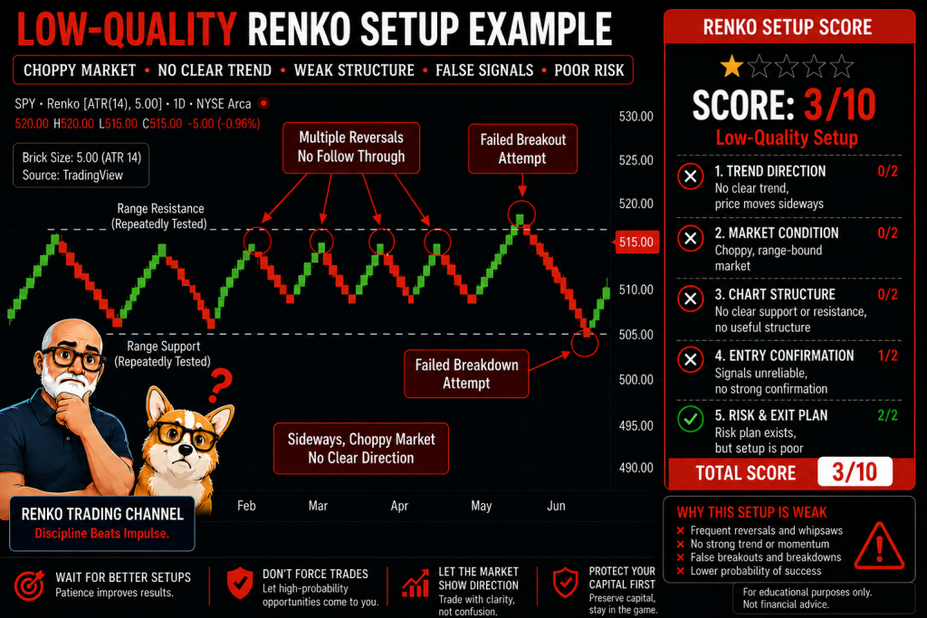 Renko Trade Setup Checklist: Score Better Entries Before You Trade 4 Low-quality Renko chart setup showing a sideways market with multiple reversals, failed breakouts, and weak trend structure.