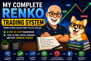 Illustration of Carl and Bax explaining a complete Renko trading system with a Renko chart, entry and exit rules, stop loss, and a trading plan checklist.