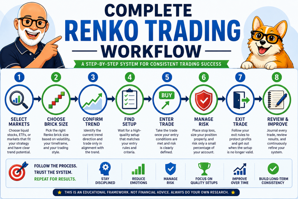 Complete Renko trading workflow infographic showing the step-by-step process from selecting markets and choosing a Renko brick size to confirming the trend, finding trade setups, entering trades, managing risk, exiting positions, and reviewing results.
