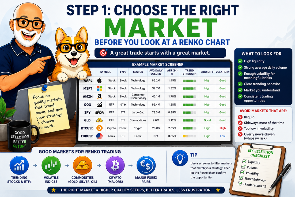 Market selection infographic showing Carl and Bax explaining how to choose the best markets for Renko trading by evaluating liquidity, trading volume, volatility, trend strength, and suitable asset classes before analyzing a Renko chart.